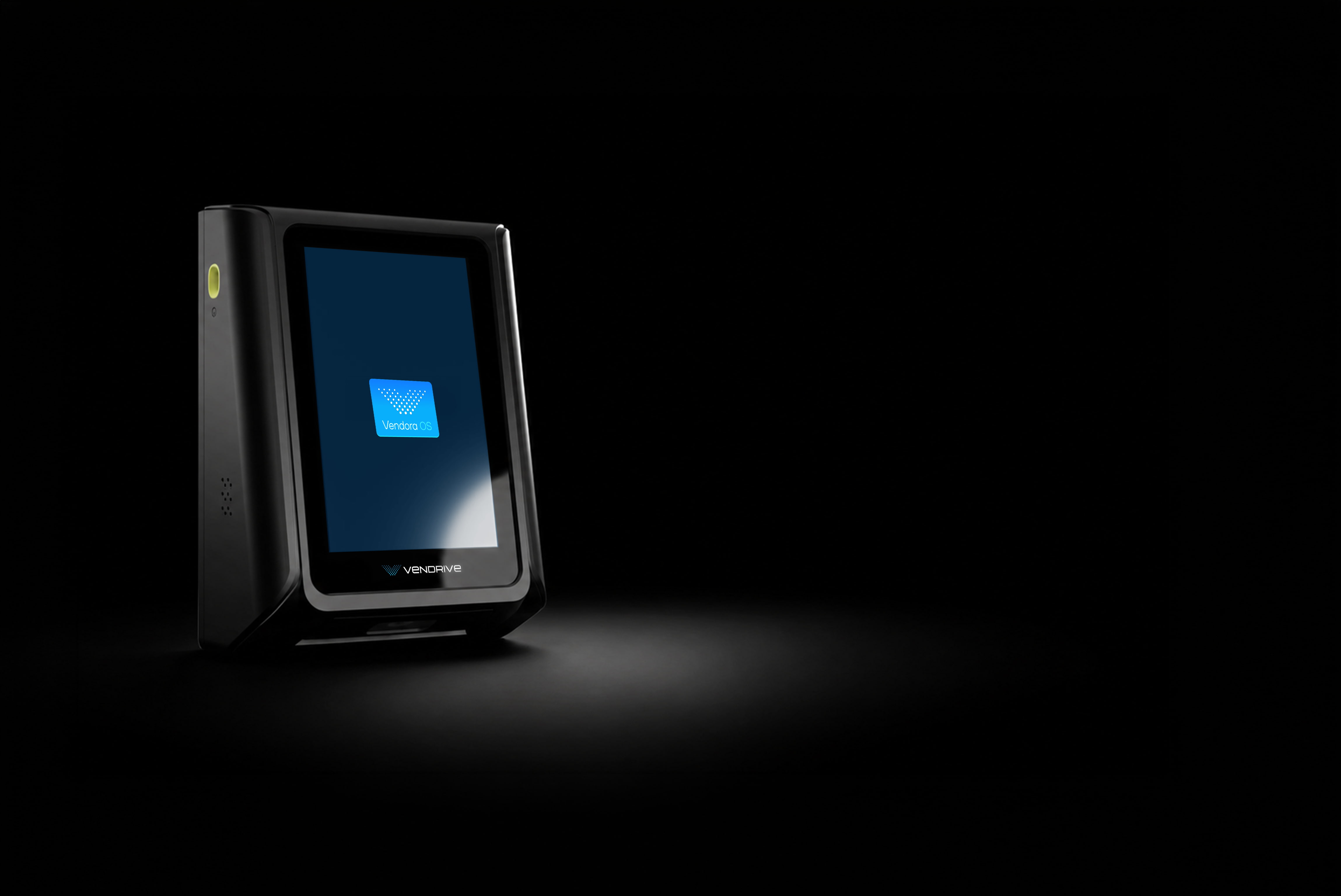 Vendrive Port P1 terminal, angled view, Vendora OS boot screen.